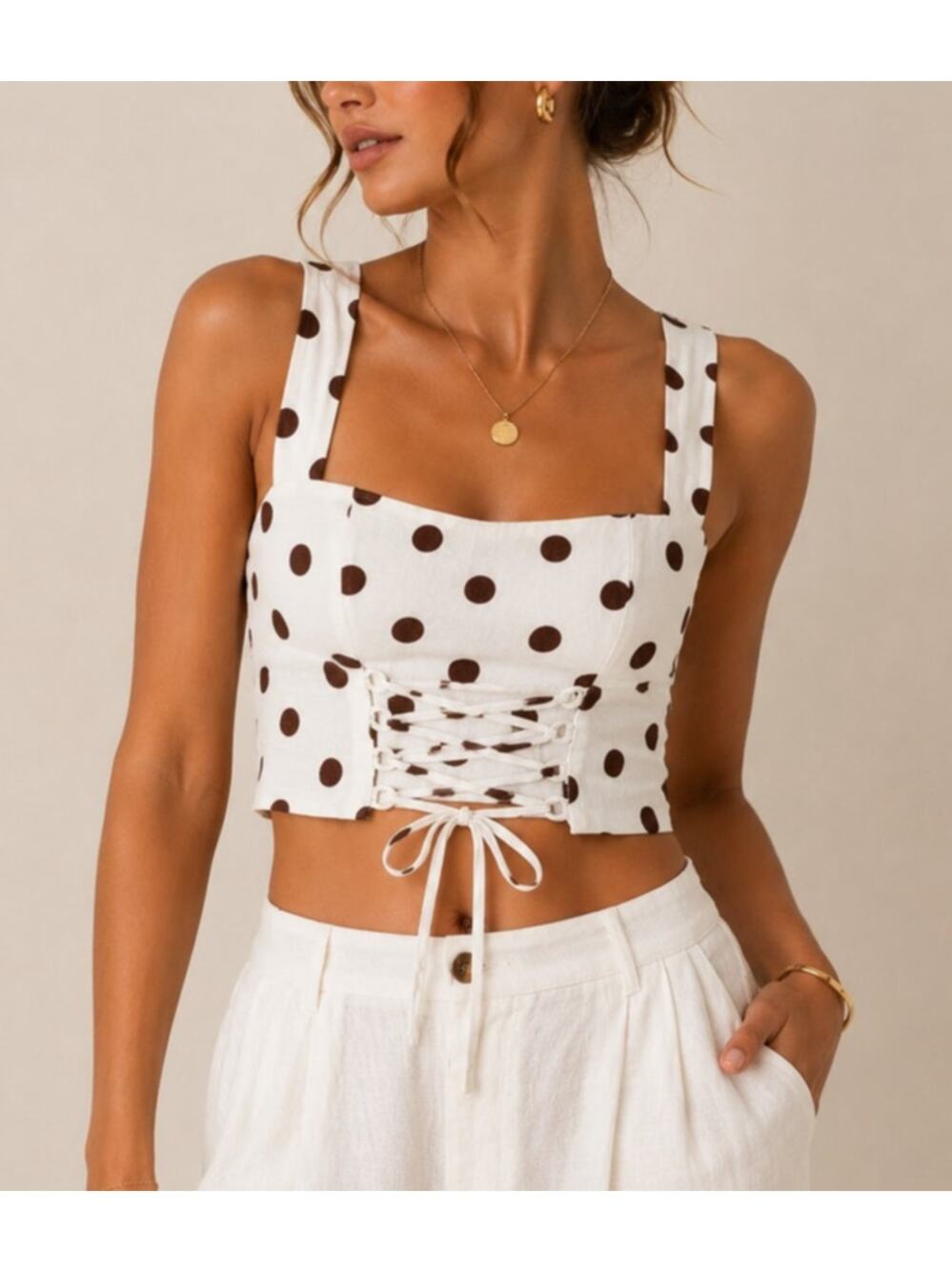 Abercrombie & Fitch Polka Dot Smocked Crop Top XS White Brown Retro French Euro
